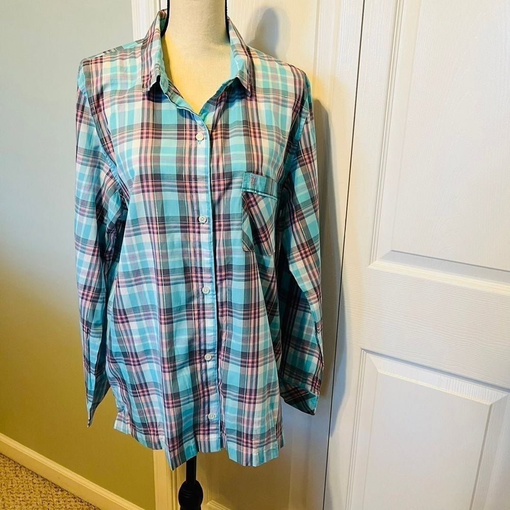 Victoria’s Secret Blue Pink Plaid Sleepshirt Long Sleeve Button Front Medium